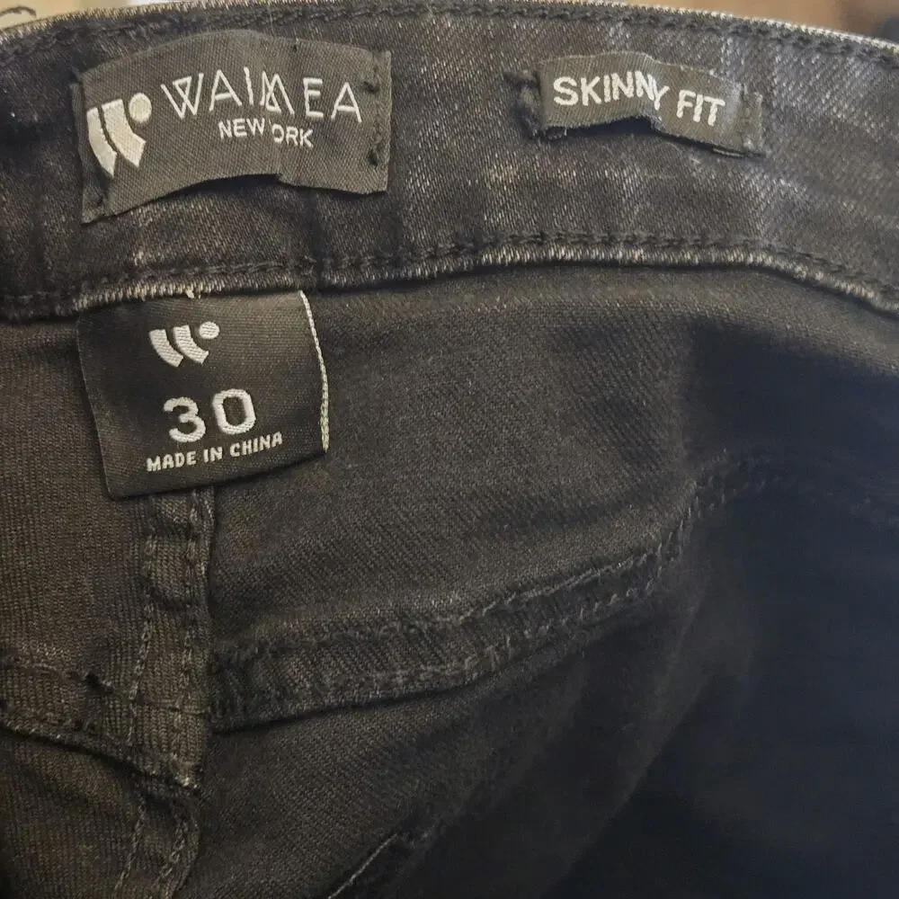 Waimea Men's Skinny Fit Black Wash Distressed Denin Jeans Size 30 X 32